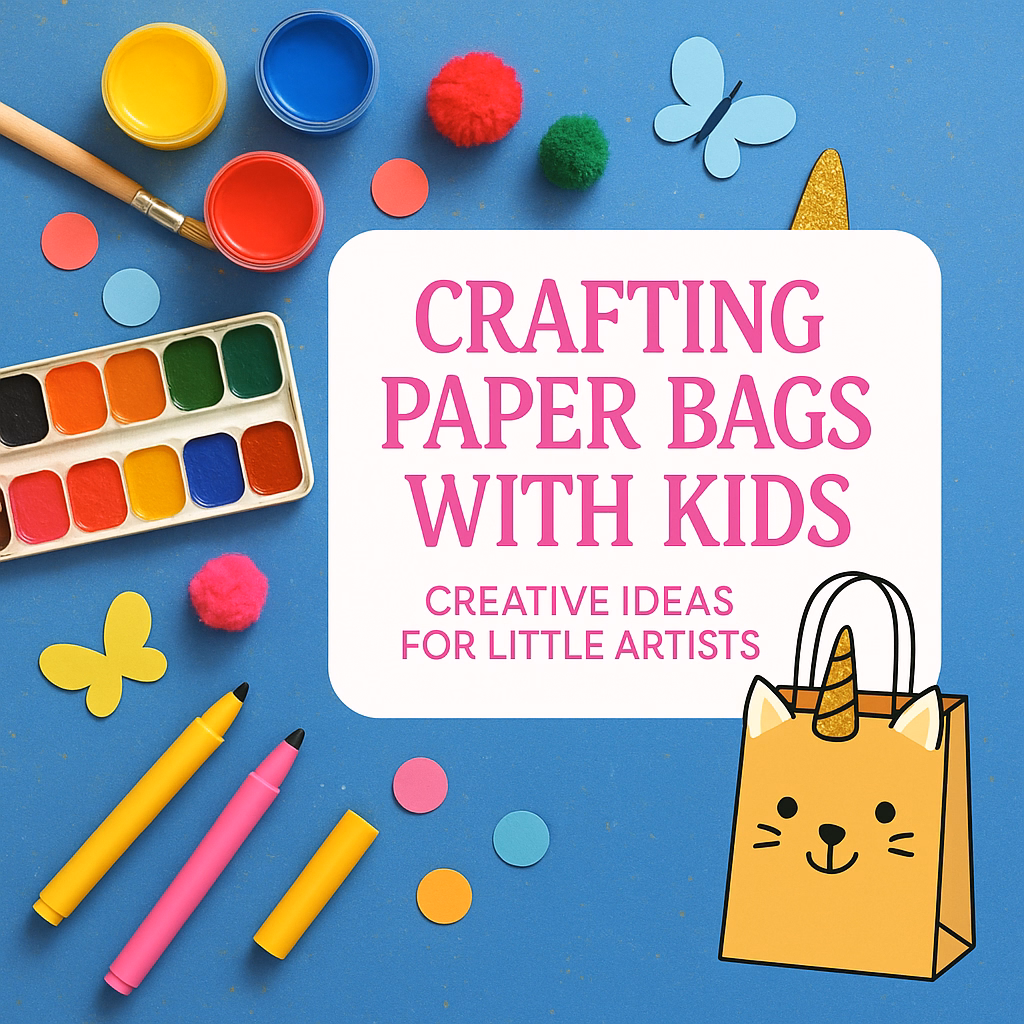 Colorful crafting scene with paint, markers, pom-poms and a cute unicorn-themed paper bag alongside the title ‘Crafting Paper Bags with Kids’