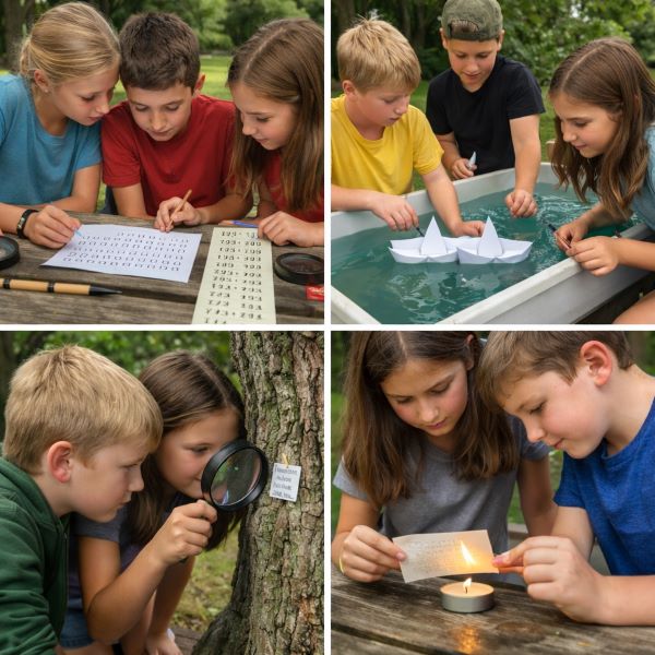 Nine-year-old kids decoding secret messages, building paper boats, searching clues with magnifying glass, and revealing invisible ink during outdoor scavenger hunt