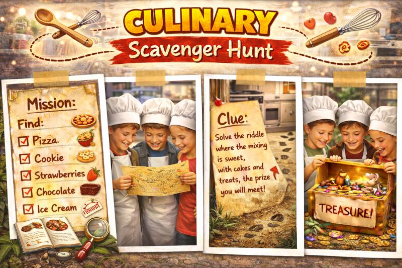 Landscape hero collage showing a culinary-themed scavenger hunt with children in chef hats reading a treasure map, food checklist with pizza and cookies, kitchen clue scene, and treasure chest filled with sweets and treats