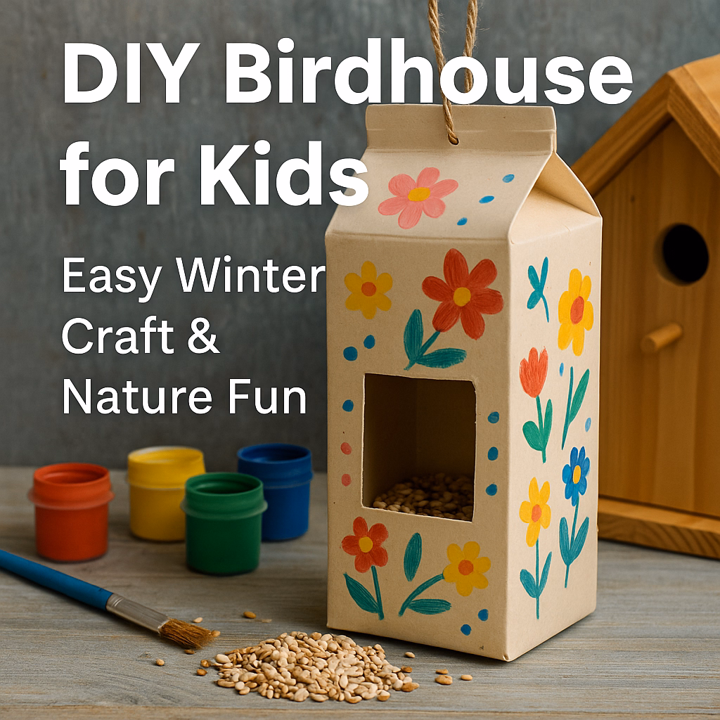 DIY Birdhouse for Kids made from a repurposed milk carton, painted with colorful flowers and surrounded by craft supplies, perfect for winter nature activities