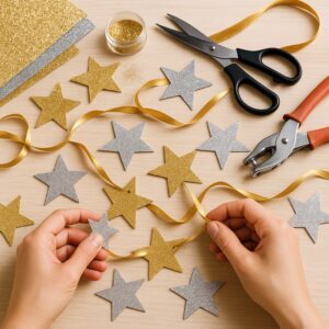 Close-up photo of hands threading gold ribbon through glittery gold and silver star cutouts, surrounded by crafting tools like scissors, a hole punch, and glitter — illustrating how to make a DIY glitter star garland.