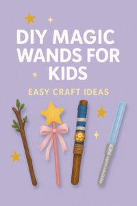 Illustration of four handmade magic wands for kids on a purple background with the title “DIY Magic Wands for Kids – Easy Craft Ideas” positioned in the lower half of the image.
