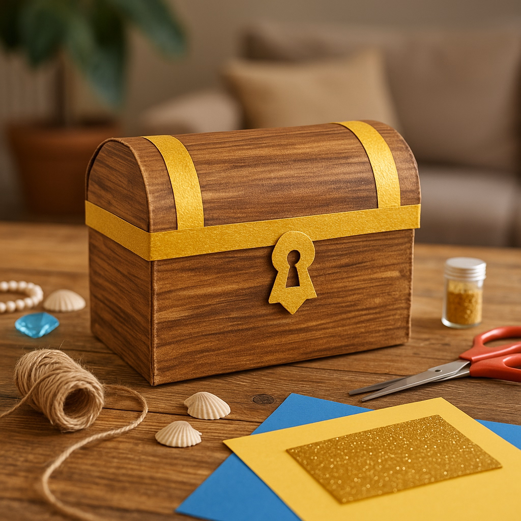 Realistic DIY treasure chest craft made from cardboard with gold details, surroanded by crafting supplies like shells, twine and glitter on a wooden table.