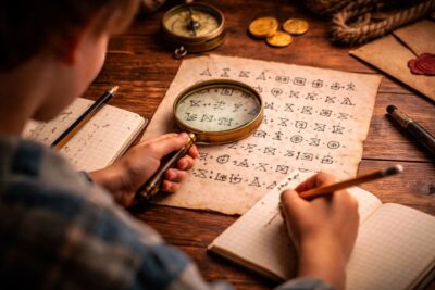 Child decoding a secret message with a magnifying glass and writing down scavenger hunt clues