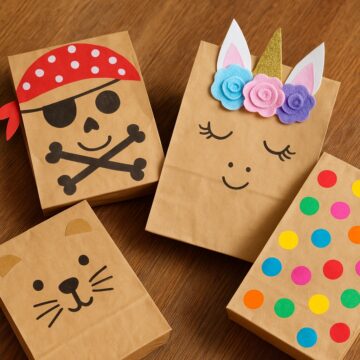 Four decorated paper bags on a wooden table, including a unicorn bag, pirate bag, animal face bag, and colorful dot design
