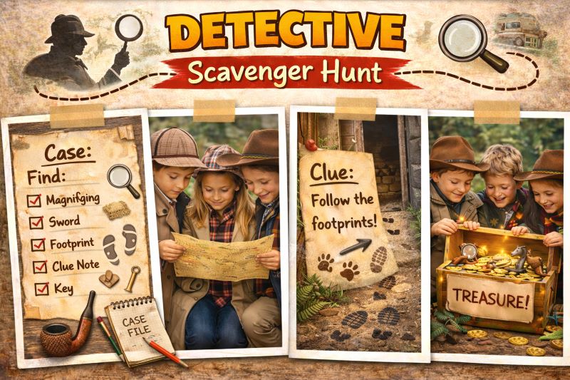 Landscape hero collage showing a detective-themed scavenger hunt with kids using magnifying glasses, solving clue notes, examining footprints, and opening a treasure chest in an outdoor mystery setting