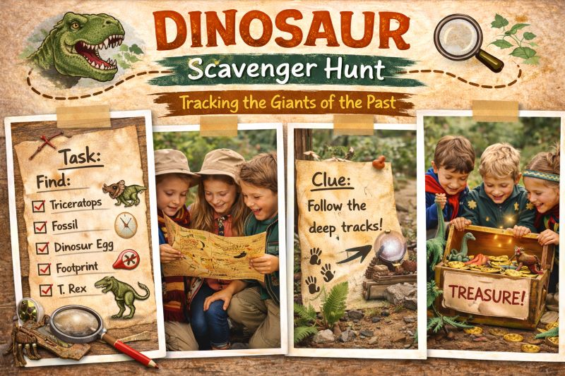 Landscape hero collage showing a dinosaur-themed scavenger hunt with kids exploring a treasure map, fossil and footprint clues, dinosaur checklist, and treasure chest finale in a prehistoric outdoor setting