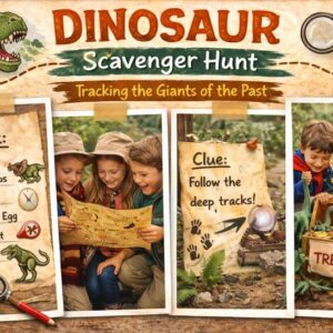Landscape hero collage showing a dinosaur-themed scavenger hunt with kids exploring a treasure map, fossil and footprint clues, dinosaur checklist, and treasure chest finale in a prehistoric outdoor setting