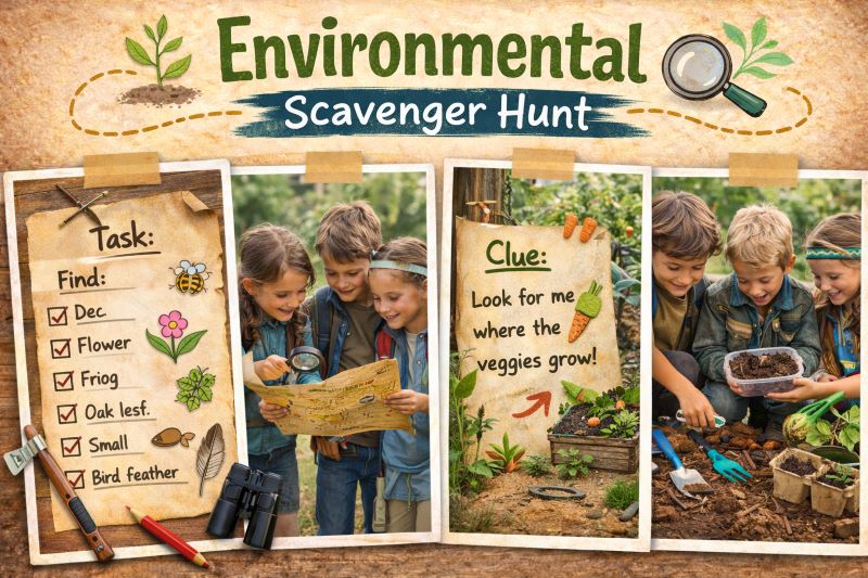 Landscape hero collage showing an environmental scavenger hunt with children exploring nature, eco-themed checklist, garden and vegetable clues, magnifying glass exploration, and outdoor discovery activities