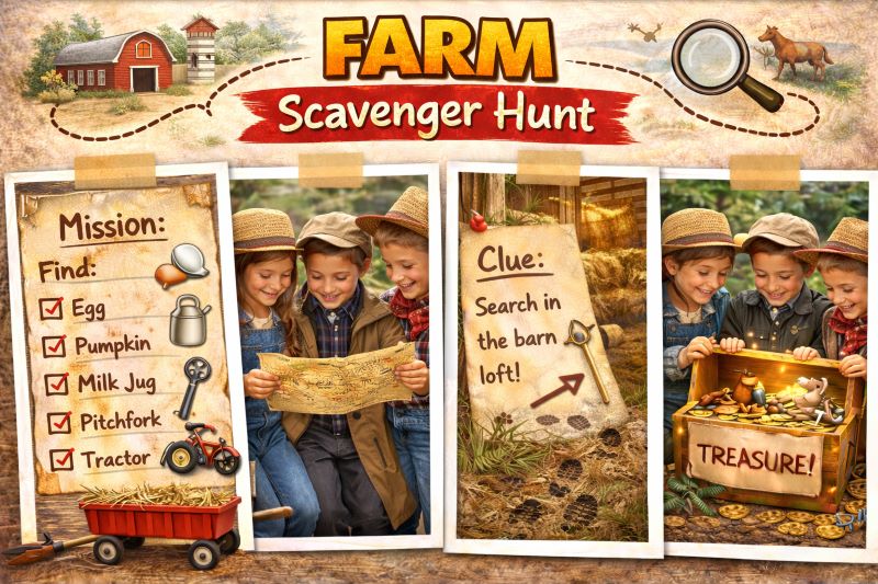 Landscape hero collage showing a farm-themed scavenger hunt with children in straw hats reading a treasure map, barn checklist with egg and tractor clues, hayloft hint, and treasure chest discovery in a rustic farm setting