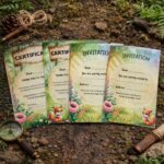 Printable forest scavenger hunt invitations and certificates for kids with cute fox design arranged on natural wooden background