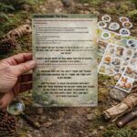 Printable forest scavenger hunt story page held in hand introducing a woodland mystery adventure for kids ages 4–12
