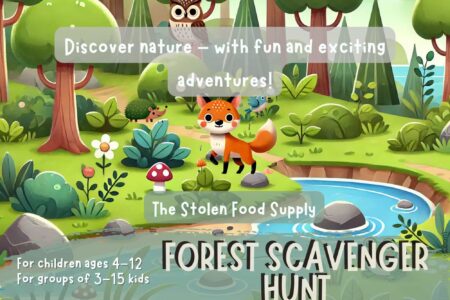 Illustrated forest scene for a children’s scavenger hunt, showing a friendly woodland atmosphere with trees, leaves, and nature elements. Title image for a printable forest scavenger hunt for kids aged 4–12.