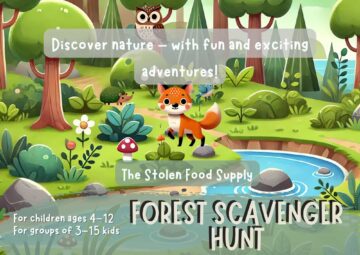 Illustrated forest scene for a children’s scavenger hunt, showing a friendly woodland atmosphere with trees, leaves, and nature elements. Title image for a printable forest scavenger hunt for kids aged 4–12.