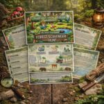 Forest scavenger hunt printable for kids displayed with game board, nature cards, animal clues and outdoor activity materials on rustic woodland background