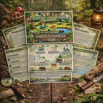 Forest scavenger hunt printable for kids displayed with game board, nature cards, animal clues and outdoor activity materials on rustic woodland background