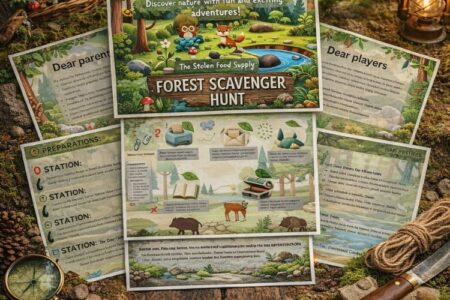 Forest scavenger hunt printable for kids displayed with game board, nature cards, animal clues and outdoor activity materials on rustic woodland background