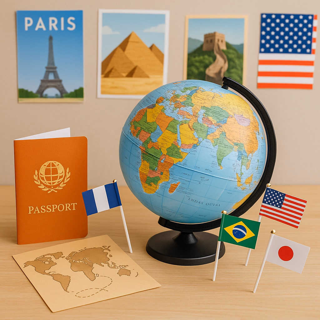 Globe and travel-themed props for a kids’ world travel scavenger hunt with passports and country flags