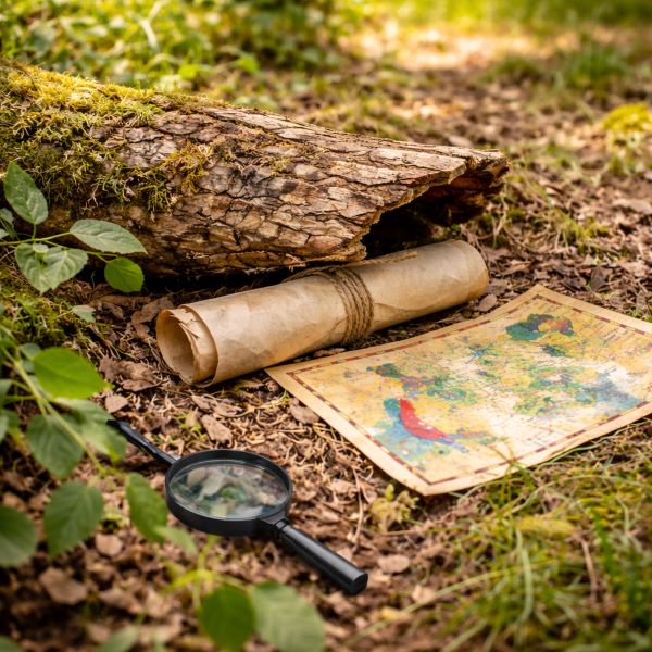 Treasure map and rolled scroll hidden under a log in the forest as creative scavenger hunt clues for kids