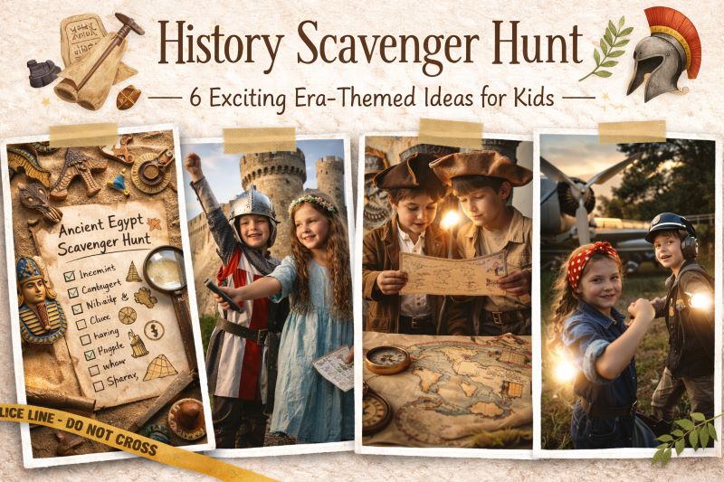 Landscape hero collage showing a history-themed scavenger hunt with children dressed as ancient explorers, knights, and aviators, era-inspired clues, vintage maps, and historical props in outdoor settings