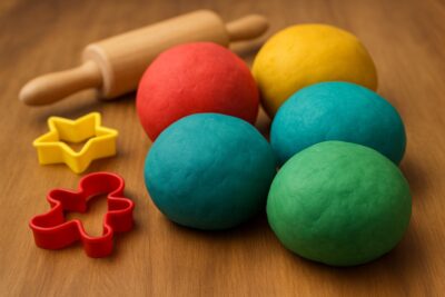 Realistic photo of colorful homemade playdough balls with cookie cutters and a rolling pin on a wooden table