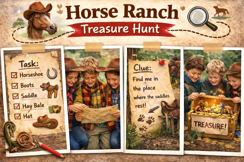 Landscape hero collage showing a horse ranch–themed treasure hunt with children in cowboy hats reading a map, ranch checklist with horseshoe and saddle clues, stable setting, and treasure chest discovery outdoors