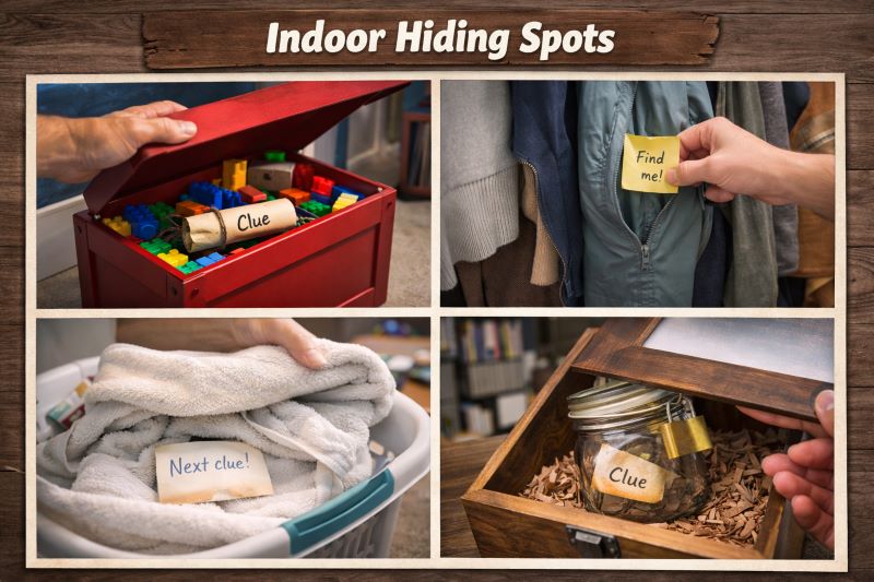 Landscape collage showing four realistic indoor scavenger hunt hiding spots: rolled clue inside a toy chest with building blocks, note hidden in a coat pocket, clue tucked between folded towels in a laundry basket, and locked jar hidden inside a wooden box.