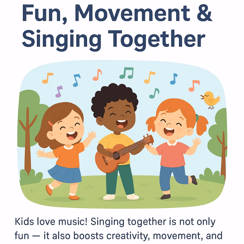 Illustration of happy children singing and dancing outdoors with music notes in the air, representing fun, movement, and singing together.