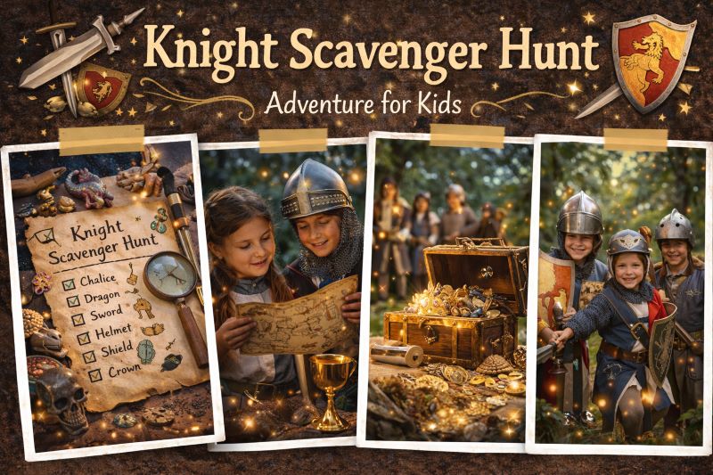 collage showing a knight-themed scavenger hunt with children in medieval costumes, treasure chest, quest map, swords and shields, and outdoor castle-style adventure setting