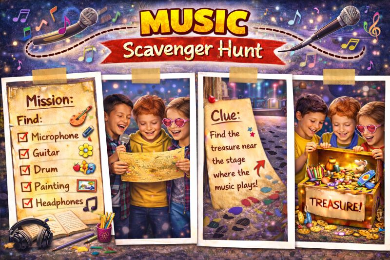 Landscape hero collage showing a music-themed scavenger hunt with children singing into microphones, music checklist with guitar and headphones, clue near a stage with colorful lights, and treasure chest filled with musical props and prizes