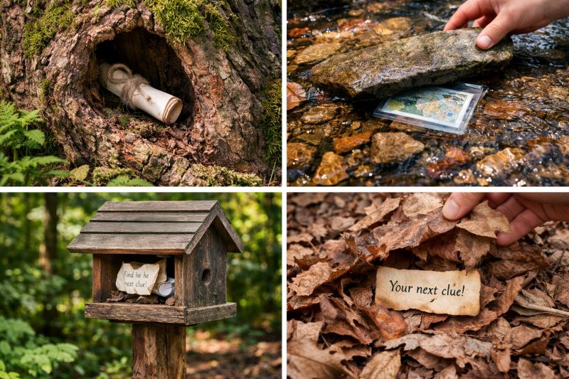 Landscape collage with four realistic outdoor scavenger hunt hiding spots: rolled paper clue inside a mossy tree hollow, waterproof clue under a rock in a shallow stream, note hidden in a rustic birdhouse, and clue tucked under autumn leaves in the forest.