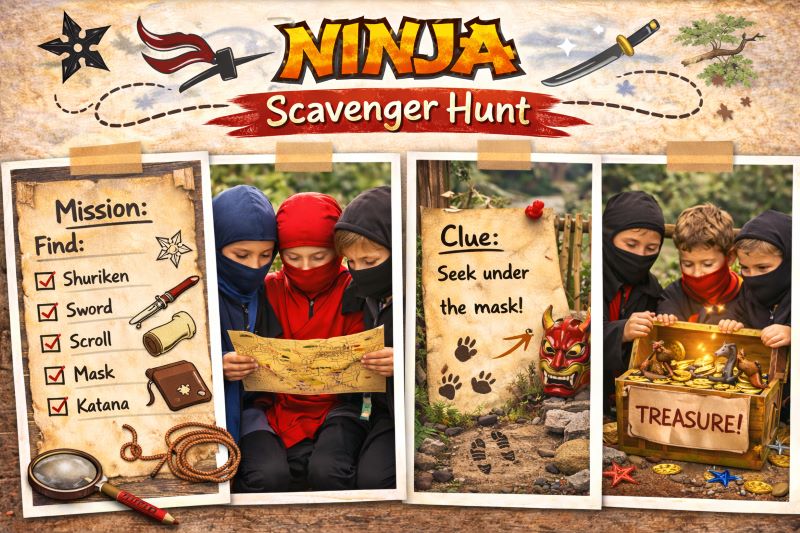 Landscape hero collage showing a ninja-themed scavenger hunt with kids in ninja outfits, mission checklist, treasure map, clue with mask hint, and treasure chest finale in an outdoor adventure setting