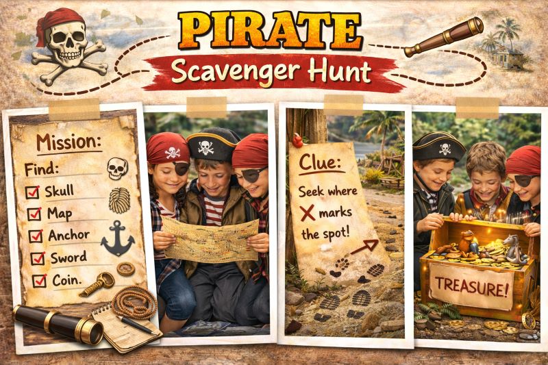 Landscape hero collage showing a pirate-themed scavenger hunt with kids in pirate costumes reading a treasure map, clue note with X marks the spot, pirate checklist, and treasure chest discovery on a tropical outdoor setting