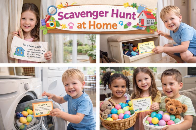 Collage of children doing a scavenger hunt at home, finding clue cards and colorful eggs in different indoor places like a laundry machine, toy box, and living room.