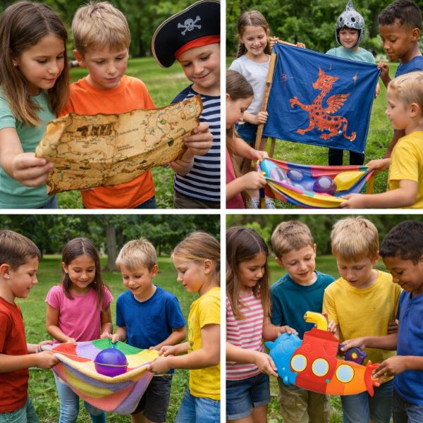 Seven-year-old children following a treasure map, creating team flag, playing cooperation game with water balloon, and solving themed role-play challenge during outdoor scavenger hunt