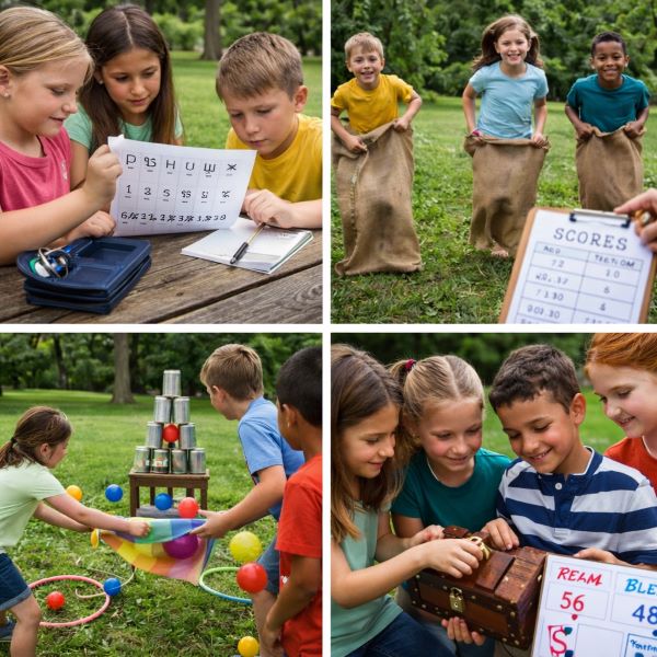 Eight-year-old kids solving secret code riddles, racing in sack competition, playing point-based challenge games, and unlocking treasure chest during outdoor scavenger hunt
