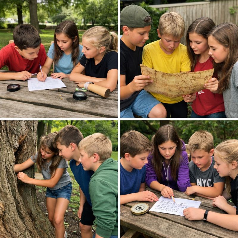 Preteen kids ages 9–12 solving clues together during an outdoor scavenger hunt in a park, working as a team with map and puzzle sheet