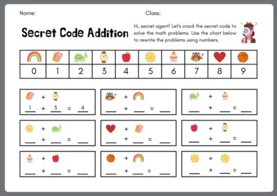 Secret Code Addition Math Worksheet in Grey Colorful Illustrative