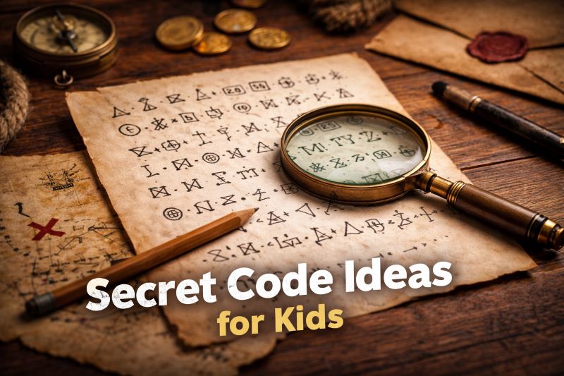 Secret code ideas for kids with cipher symbols, magnifying glass, and treasure hunt clues on a wooden table