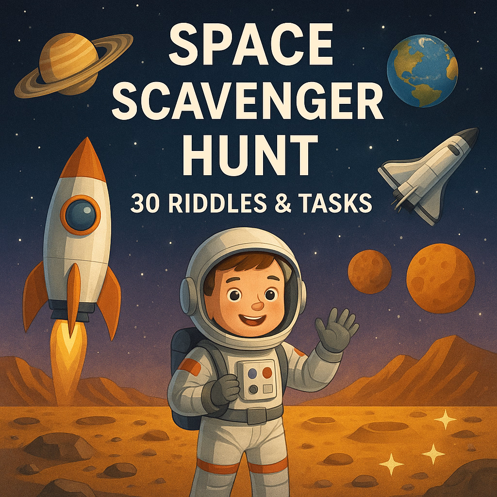 Cute astronaut on an alien planet with rocket, planets, Earth, and stars, illustrated for a kids’ space scavenger hunt titled “Space Scavenger Hunt – 30 Riddles & Tasks.”