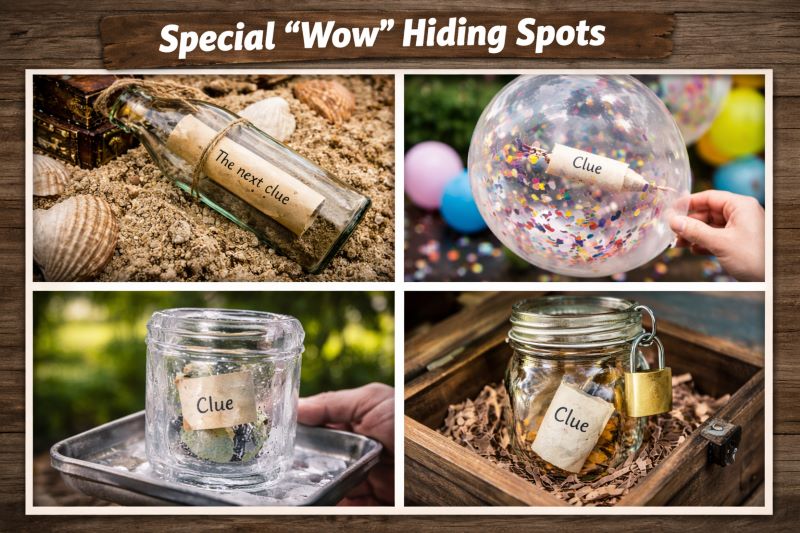Landscape collage featuring four realistic wow-effect scavenger hunt hiding spots: message in a bottle buried in sand, confetti balloon with hidden clue inside, clue frozen in a glass jar of ice, and locked jar with clue placed inside a wooden treasure box.