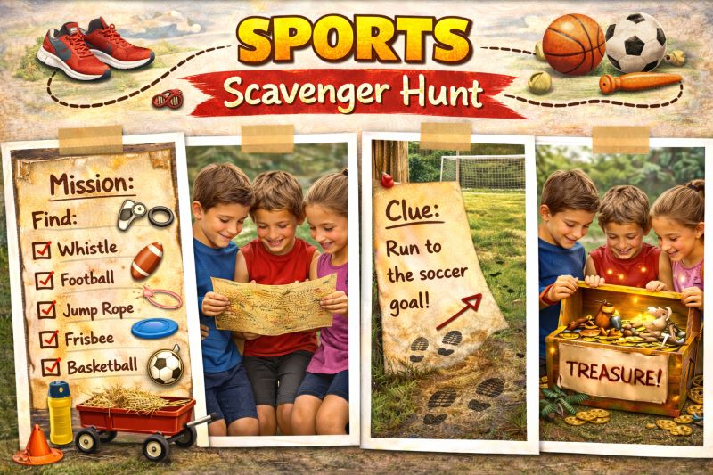 Landscape hero collage showing a sports-themed scavenger hunt with kids reading a map, sports equipment checklist including football and jump rope, clue at a soccer goal, and treasure chest discovery on a grassy field