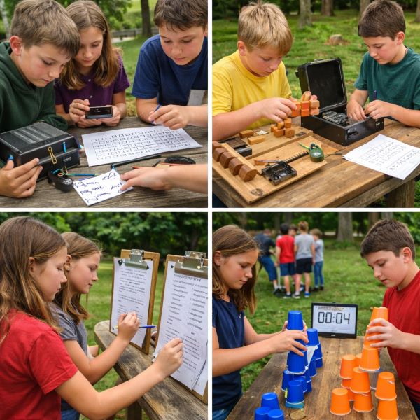 Eleven-year-old kids solving escape-room style riddles, building creative challenge stations, completing logic chain puzzles, and competing in timed team challenge during outdoor scavenger hunt