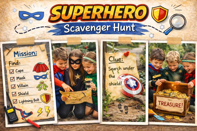 Landscape hero collage showing a superhero-themed scavenger hunt with kids in capes and masks, mission checklist, shield clue, treasure map, and treasure chest finale outdoors