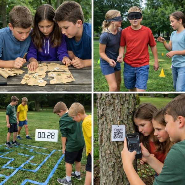 Ten-year-old kids working together on combination treasure map puzzle, timed maze challenge, blindfold teamwork task, and scanning QR code clue during outdoor scavenger hunt