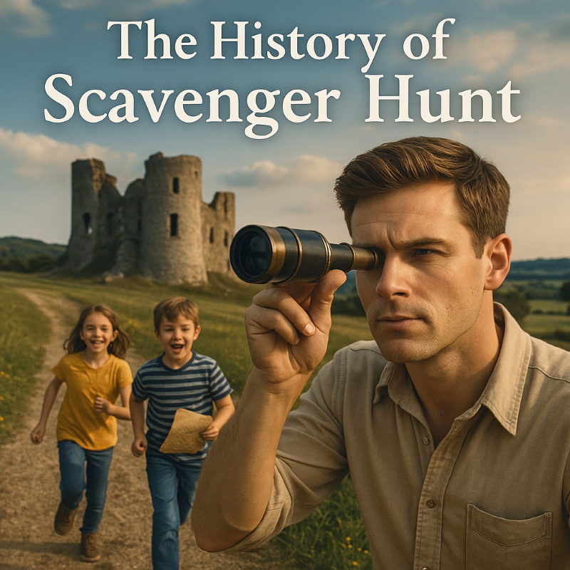 Realistic photo illustration of the history of scavenger hunts, featuring children running with an old treasure map and an adult looking through a vintage telescope in front of ancient castle ruins.