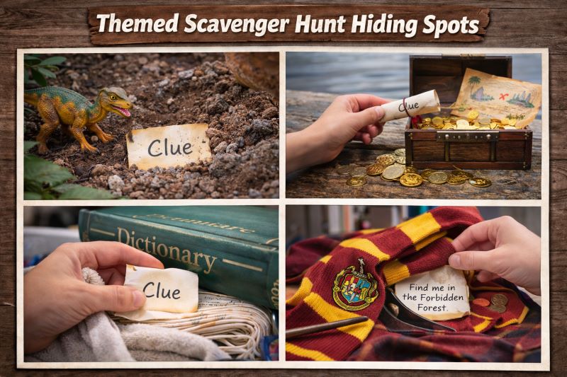 Landscape collage showing four themed scavenger hunt hiding spots: dinosaur toy with buried clue in soil, pirate treasure chest with rolled clue and gold coins, clue hidden inside a large dictionary book, and fantasy-themed scarf with hidden note for a magical treasure hunt.