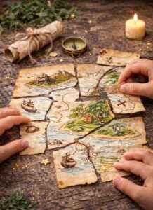 Kids assembling a torn treasure map puzzle on wooden table before starting a scavenger hunt adventure