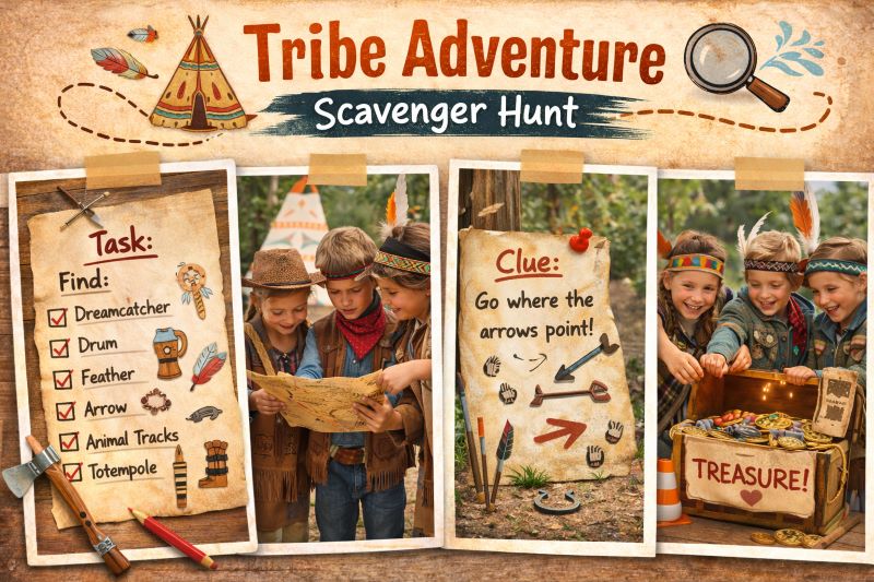 Landscape hero collage showing a tribe-themed scavenger hunt with children in adventure outfits, nature-inspired clue checklist, treasure map, arrow and track clues, and outdoor treasure chest discovery scene