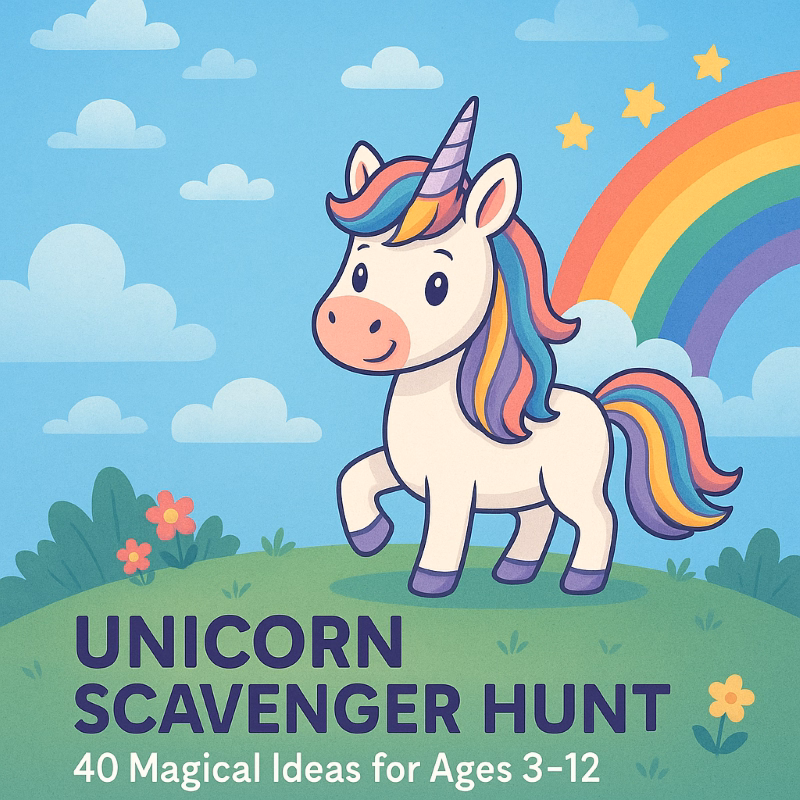 Cute cartoon-style unicorn with rainbow mane standing on a green hill, with rainbow, stars and flowers in the backgroand; title in theage for a unicorn scavenger hunt riddle collection for kids ages 3–12.